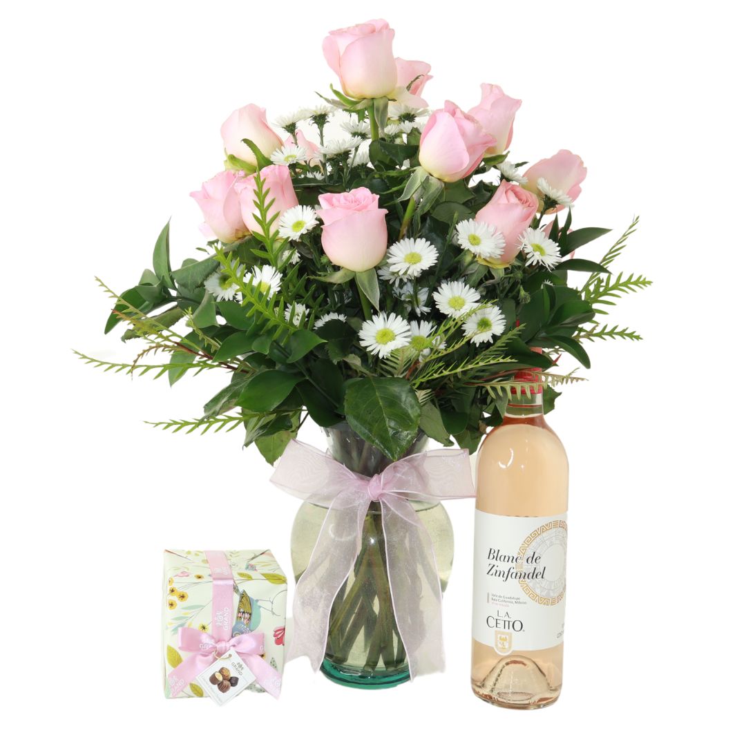 12 rosas rosas jarron-peluche y chocolates-Blanc Zinfandel